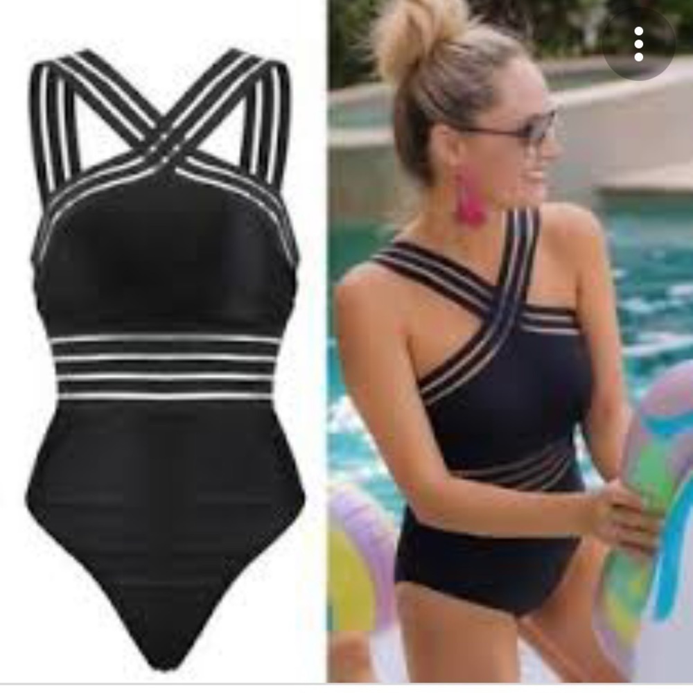 New Black Cross Over One Piece Swimsuit Size Medium - Picture 2 of 9